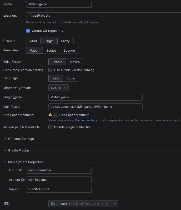 IntelliJ Minecraft Development plugin — new project dialog